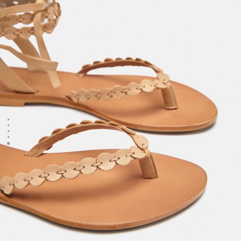Zara Flat Leather Sandals light tan NWT - Picture 5 of 6